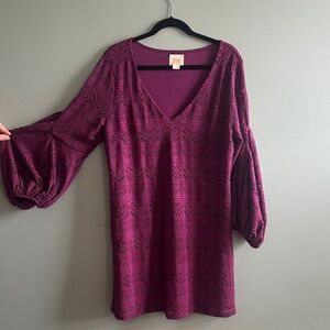 Anthropologie Maeve Plum V-Neck Textured Dress with Balloon Sleeves